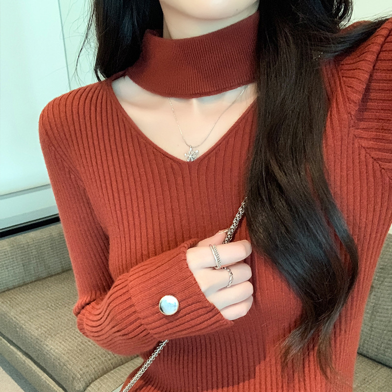 Naiste V-kaelusega kudumispusero, pikad varrukad, kitsas lõige, viskooskiud (Viskooskiud; V-kaelus; Pikad varrukad; Regulaarne pikkus; Slim)