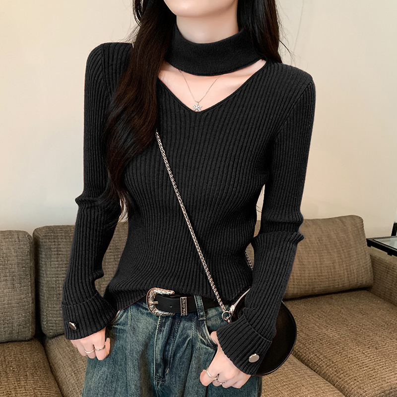 Naiste V-kaelusega kudumispusero, pikad varrukad, kitsas lõige, viskooskiud (Viskooskiud; V-kaelus; Pikad varrukad; Regulaarne pikkus; Slim)