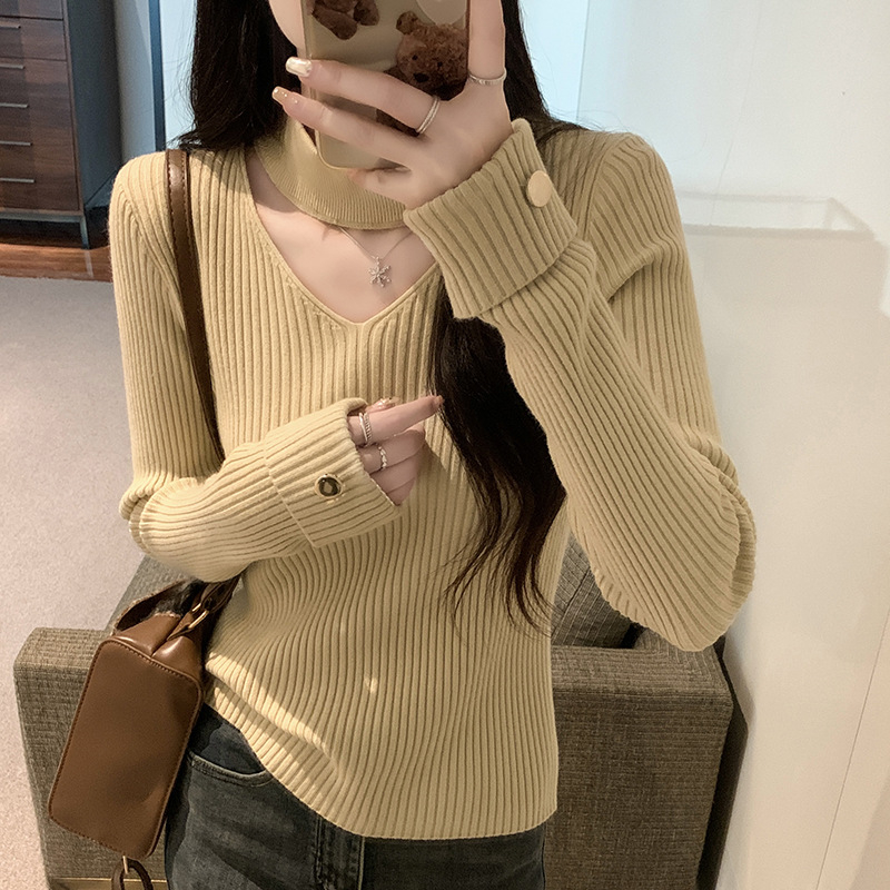 Naiste V-kaelusega kudumispusero, pikad varrukad, kitsas lõige, viskooskiud (Viskooskiud; V-kaelus; Pikad varrukad; Regulaarne pikkus; Slim)