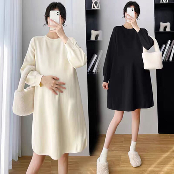 Nėštukės megztinė suknelė su žibintų rankovėmis, polo kaklo, geometrinis raštas, retro stilius