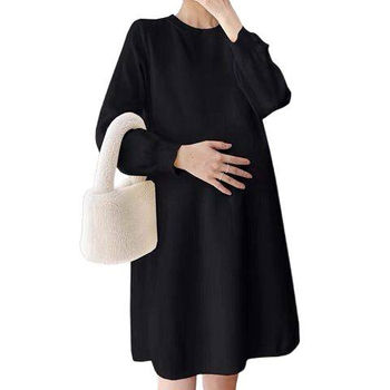 Nėštukės megztinė suknelė su žibintų rankovėmis, polo kaklo, geometrinis raštas, retro stilius