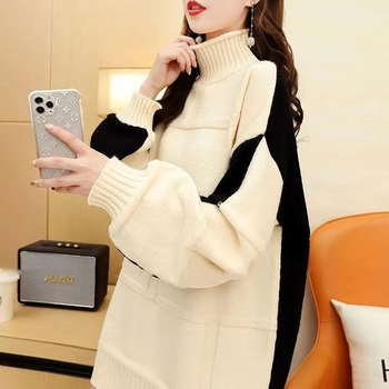 Laisvas moterų megztinis-paltas su aukštu kaklu, vidutinio ilgio, 3/4 rankovės, poliesterio ir PVC mišinys