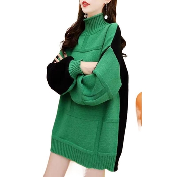 Laisvas moterų megztinis-paltas su aukštu kaklu, vidutinio ilgio, 3/4 rankovės, poliesterio ir PVC mišinys