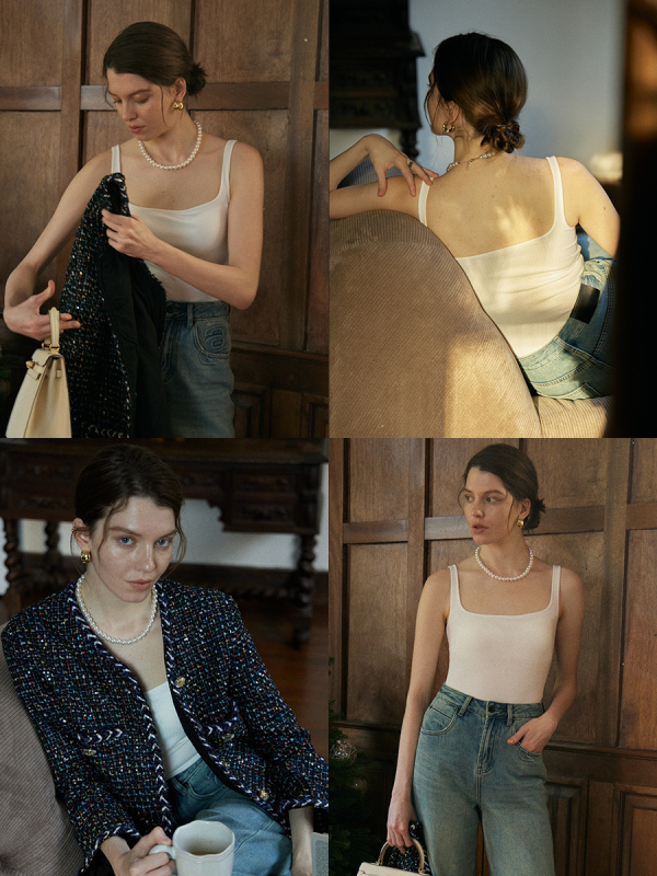 Topas su krūties pagalvėlėmis, prancūziškas kvadratinis kaklo iškirptė, plačios neatsiejamos petnešėlės, siauras kirpimas, medvilnė 90–95% + elastanas