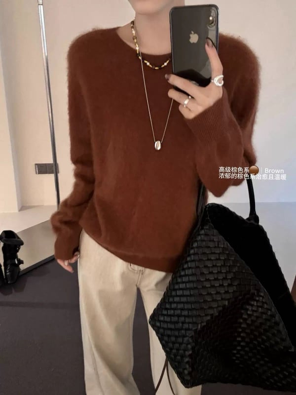 Moteriški vilnoniai megztiniai su gobtuvu, laisvas kirpimas, ilgos rankovės, apvali kaklo linija, ruduo 2025