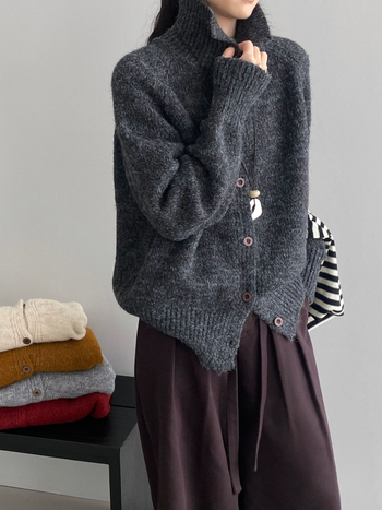 Kardigans ar kapuci no vilnas maisījumā, Korejiešu retro stila, augsts apkaklis, vienrindu pogu aizdare, vienkrāsains