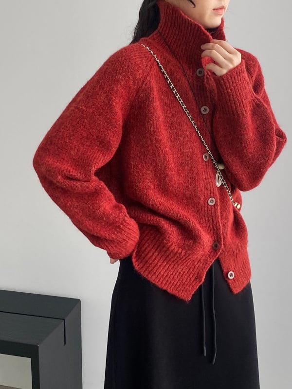 Kardigans ar kapuci no vilnas maisījumā, Korejiešu retro stila, augsts apkaklis, vienrindu pogu aizdare, vienkrāsains