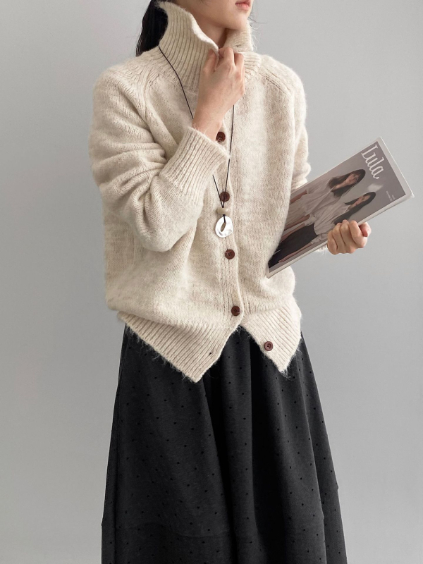 Kardigans ar kapuci no vilnas maisījumā, Korejiešu retro stila, augsts apkaklis, vienrindu pogu aizdare, vienkrāsains