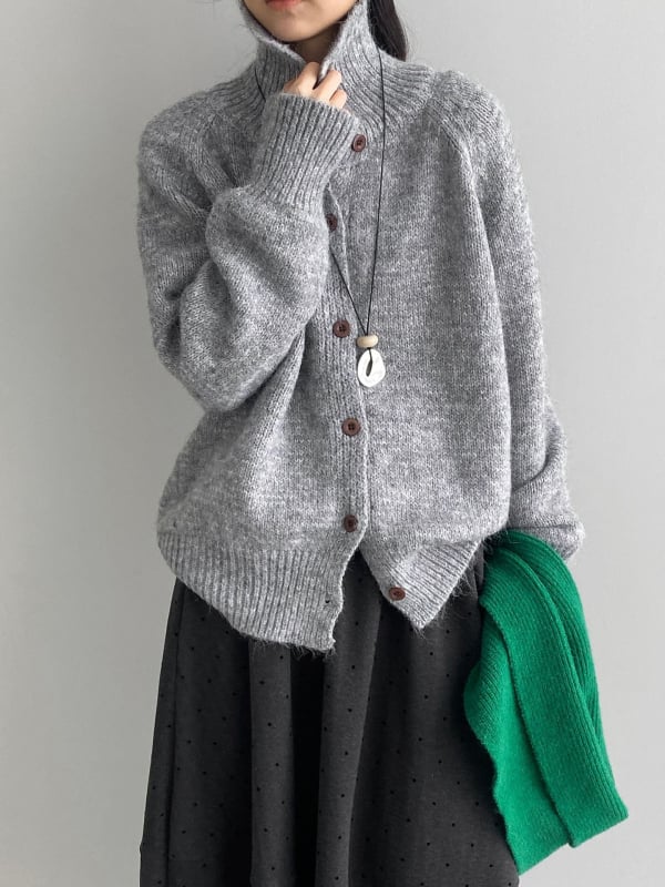 Kardigans ar kapuci no vilnas maisījumā, Korejiešu retro stila, augsts apkaklis, vienrindu pogu aizdare, vienkrāsains