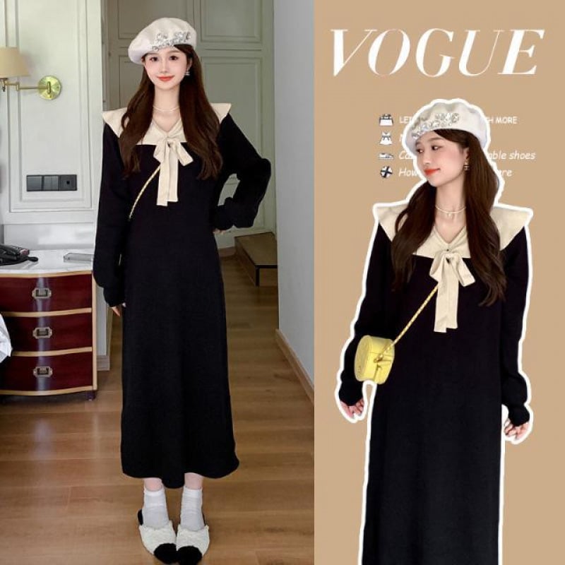 Vienos dalies suknelė su raukšlėta apykakle, ilgomis rankovėmis, midi ilgis sijono su lotoso lapų forma