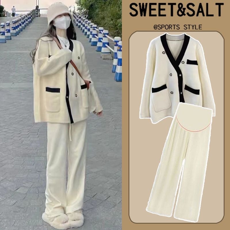 Nėštiesiems dviejų dalių komplektas, chenille audinys su spandeksu <30%, ilgos rankovės, 3/4 ilgio kelnės, japonų-korejiečių laisvas stilius