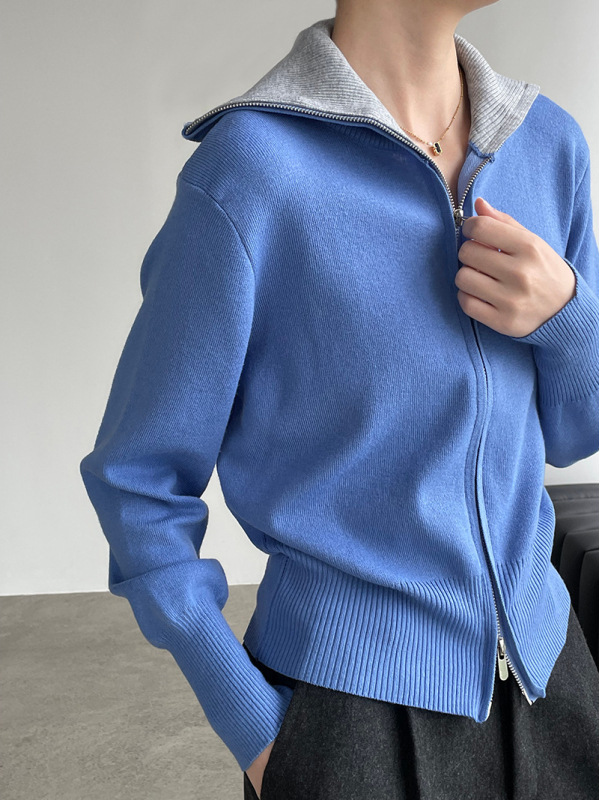 Seiseva kaellega kootud kardigan tõmblukuga – villasegu 30–50% polüester, pikkade varrukatega, tavaline pikkus, mudel YL323