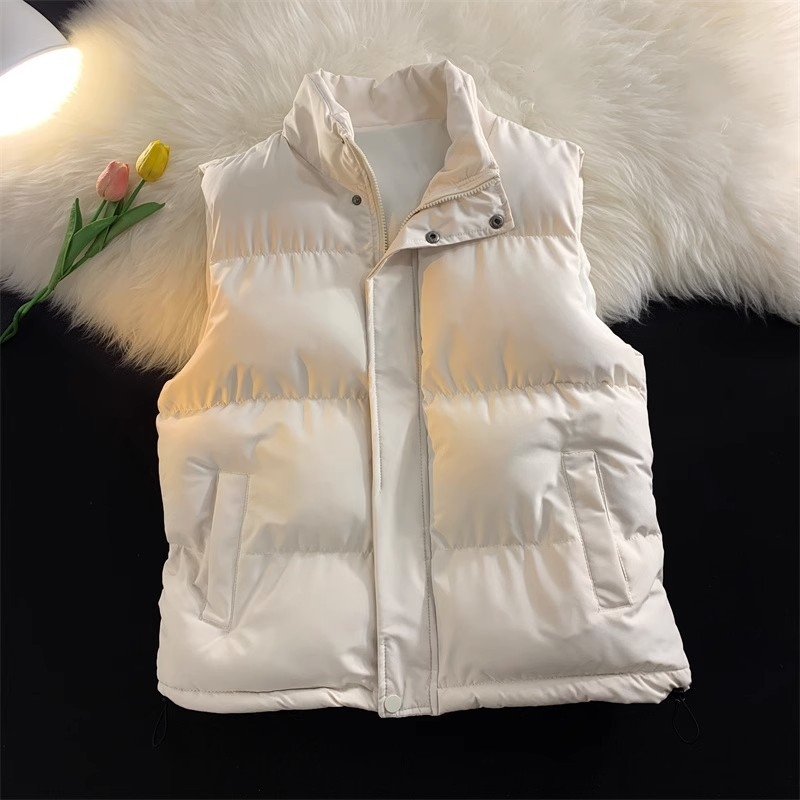 Корейски стил жилетка с висока яка, пълнеж Space cotton, свободна кройка, полиестерен плат, едноцветна, странични джобове
