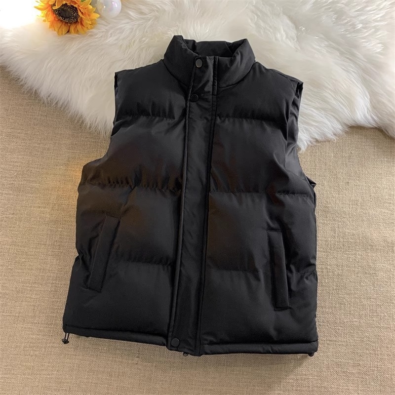 Корейски стил жилетка с висока яка, пълнеж Space cotton, свободна кройка, полиестерен плат, едноцветна, странични джобове