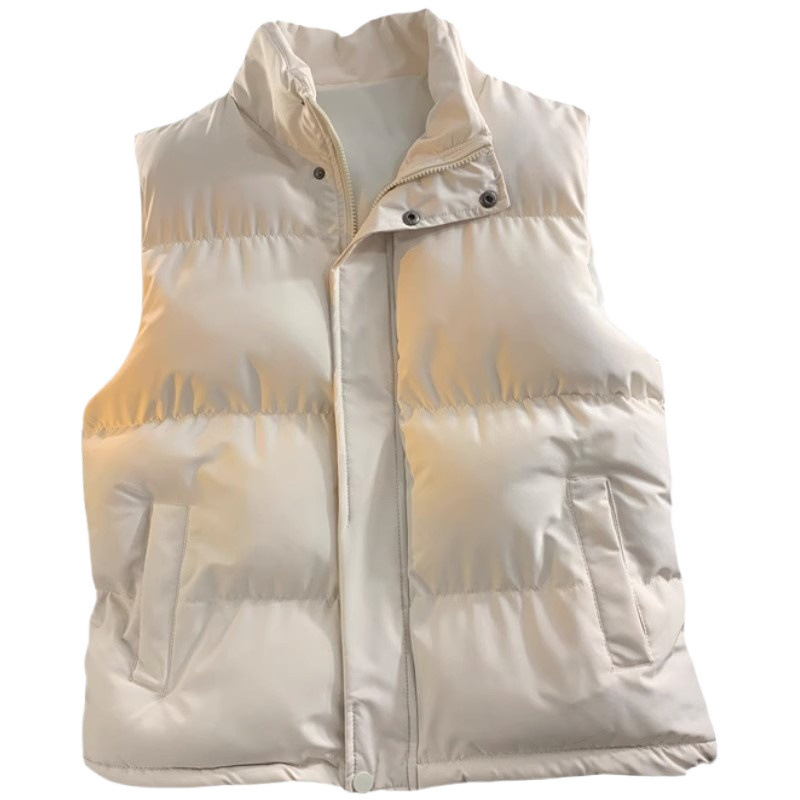 Корейски стил жилетка с висока яка, пълнеж Space cotton, свободна кройка, полиестерен плат, едноцветна, странични джобове