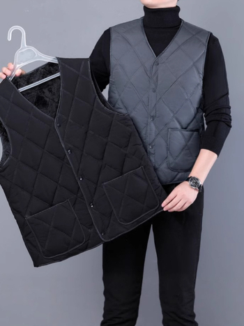 Férfi pamut mellény fleece-béléssel, V-nyakú, oldalsó zsebek, poliészter töltet