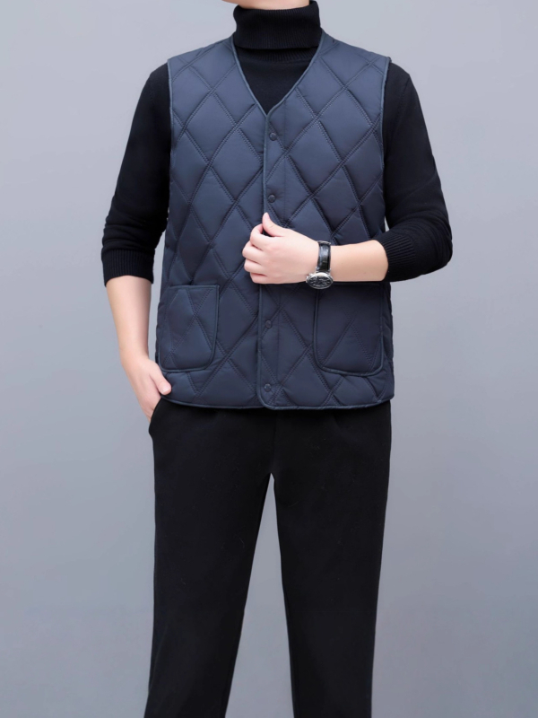 Férfi pamut mellény fleece-béléssel, V-nyakú, oldalsó zsebek, poliészter töltet