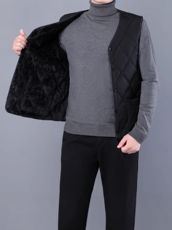 Férfi pamut mellény fleece-béléssel, V-nyakú, oldalsó zsebek, poliészter töltet