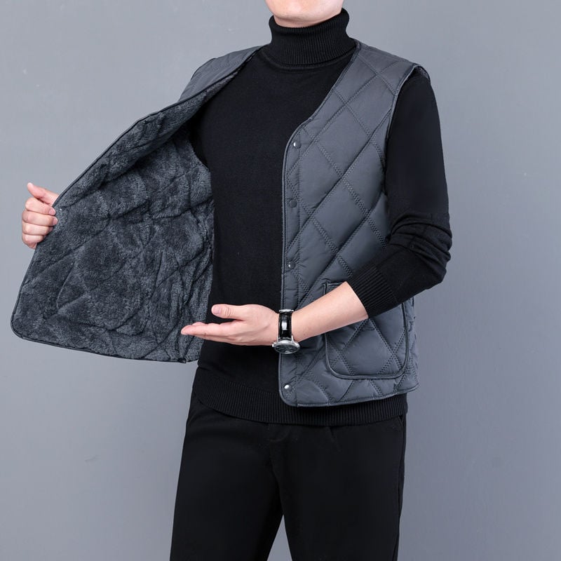 Férfi pamut mellény fleece-béléssel, V-nyakú, oldalsó zsebek, poliészter töltet