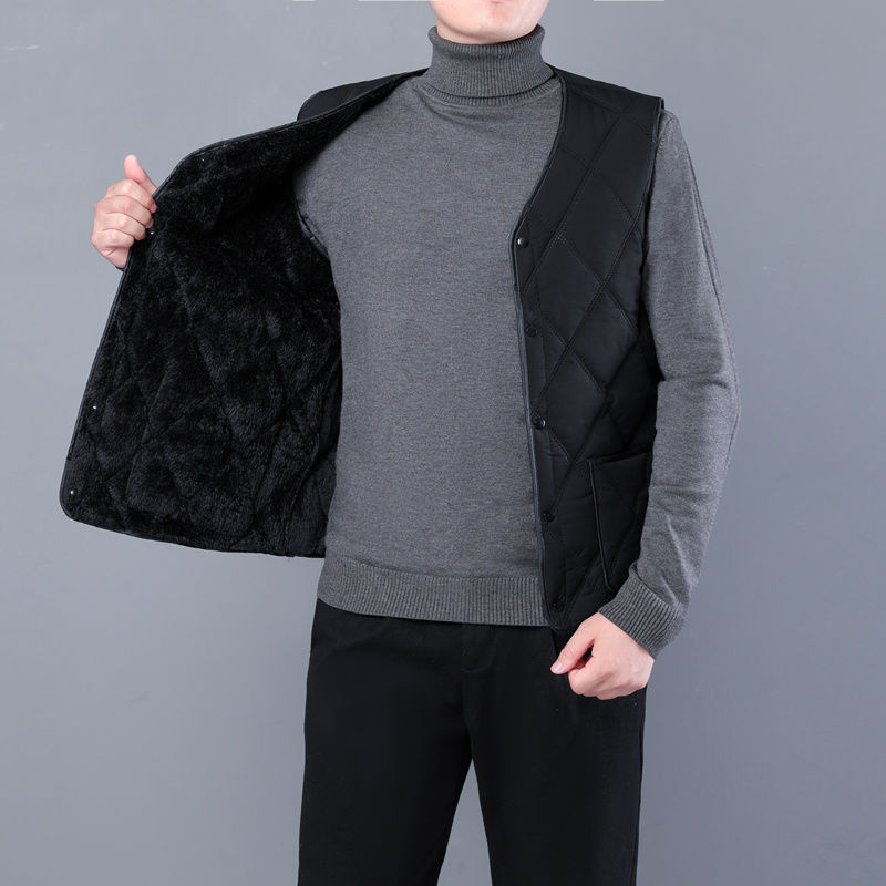 Férfi pamut mellény fleece-béléssel, V-nyakú, oldalsó zsebek, poliészter töltet