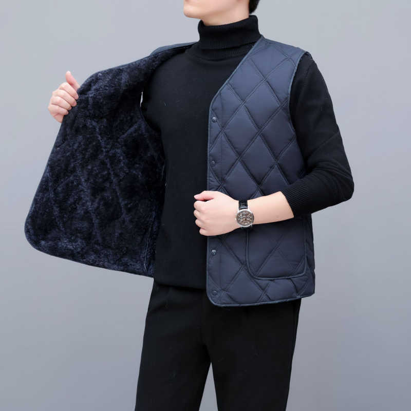 Férfi pamut mellény fleece-béléssel, V-nyakú, oldalsó zsebek, poliészter töltet