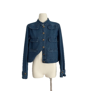 Dámska džínsová bunda s stojatým golierom, zlaté gombíky, vrecká, bavlna-poliester denim, jeseň 2025