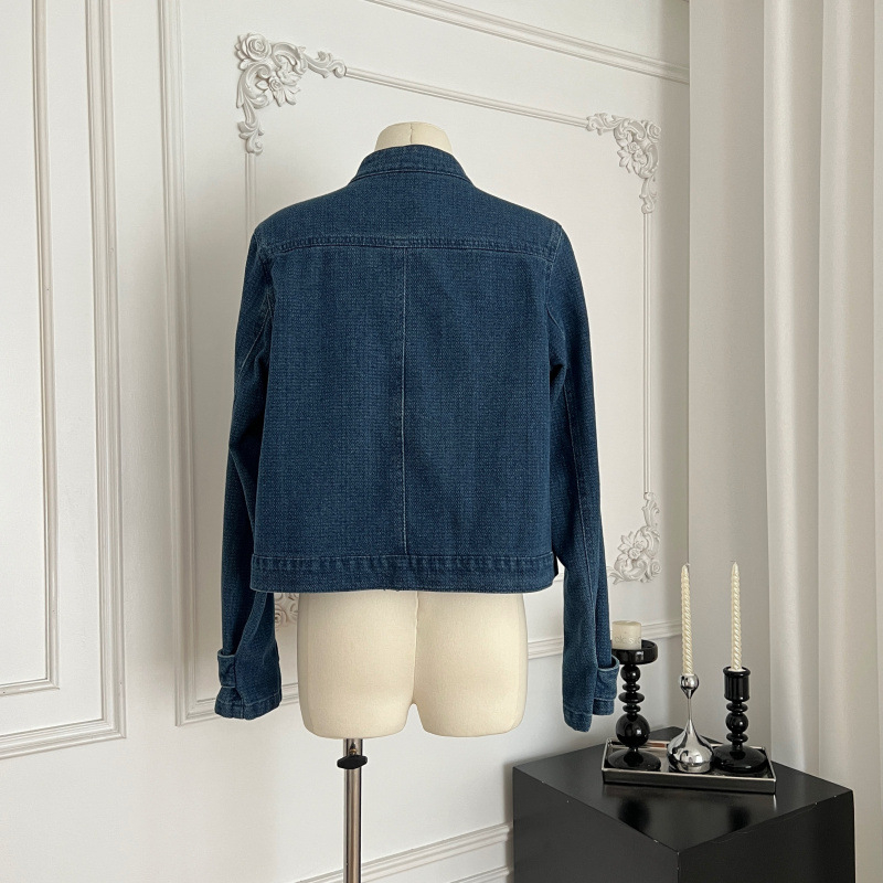 Dámska džínsová bunda s stojatým golierom, zlaté gombíky, vrecká, bavlna-poliester denim, jeseň 2025
