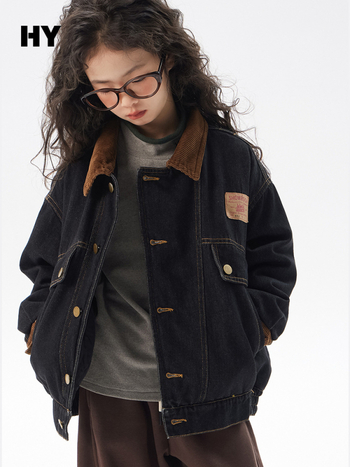 Παιδικό τζιν μπουφάν με quilted επένδυση, Κορεάτικου στυλ, παχύ χειμερινό πανωφόρι, κοντό μήκος, για παιδιά άνω των 8 ετών