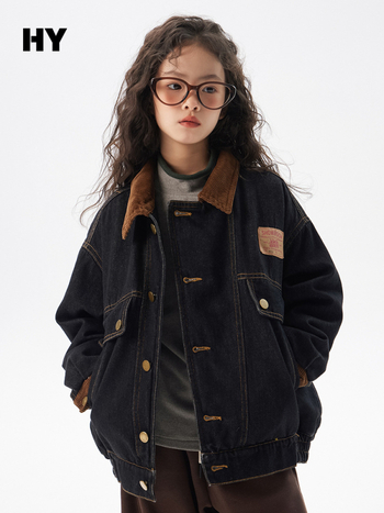 Παιδικό τζιν μπουφάν με quilted επένδυση, Κορεάτικου στυλ, παχύ χειμερινό πανωφόρι, κοντό μήκος, για παιδιά άνω των 8 ετών