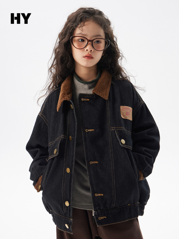 Παιδικό τζιν μπουφάν με quilted επένδυση, Κορεάτικου στυλ, παχύ χειμερινό πανωφόρι, κοντό μήκος, για παιδιά άνω των 8 ετών