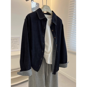 Džínová košeľa s golierom rever, dlhé rukávy, voľný strih, polyesterová látka, jar 2025