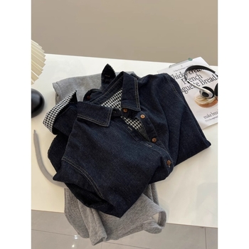 Džínová košeľa s golierom rever, dlhé rukávy, voľný strih, polyesterová látka, jar 2025