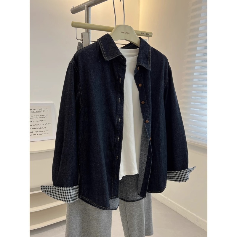 Džínová košeľa s golierom rever, dlhé rukávy, voľný strih, polyesterová látka, jar 2025