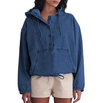 Džínová bunda s kapucňou a gombovým zapínaním, voľný strih, bavlna 95% a viac, polyester ≤30%, dlhé rukávy, stredná dĺžka 50–65 cm