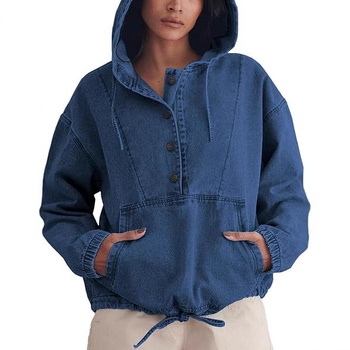 Džínová bunda s kapucňou a gombovým zapínaním, voľný strih, bavlna 95% a viac, polyester ≤30%, dlhé rukávy, stredná dĺžka 50–65 cm