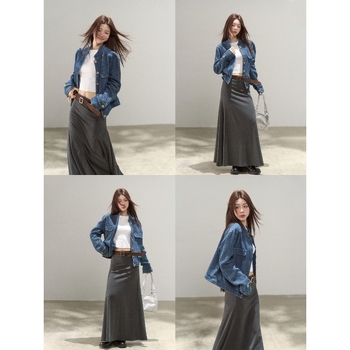 Dāmu džinsa jaka, kokvilnas maisījums 50–70%, garas piedurknes, polo apkakle, A līnijas siluets, vidēja biezums, pavasara izlaidums 2025