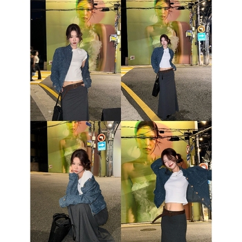 Dāmu džinsa jaka, kokvilnas maisījums 50–70%, garas piedurknes, polo apkakle, A līnijas siluets, vidēja biezums, pavasara izlaidums 2025