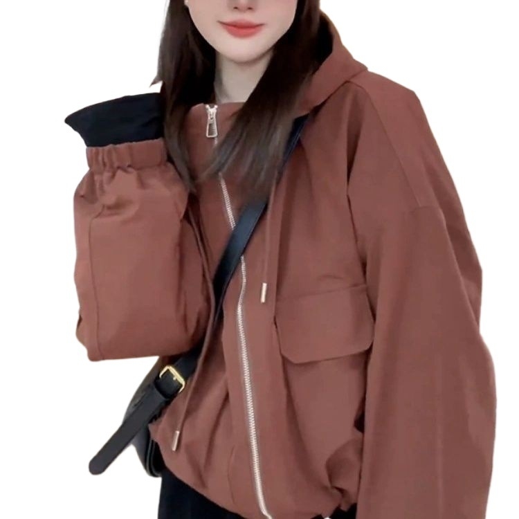 Sieviešu īsa jaka ar kapuci, čenile audums, flīsa oderējums, Spandex, galvenā auduma saturs <30%, nolaižti pleci, Spring 2025