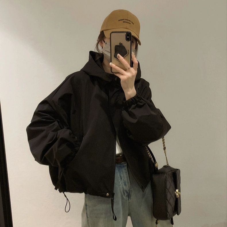 Sievietēm kapucēta chenille jaka ar spandexu 90-95%, īsa, brīva piegriezuma ar bat piedurknēm, pavasaris 2025