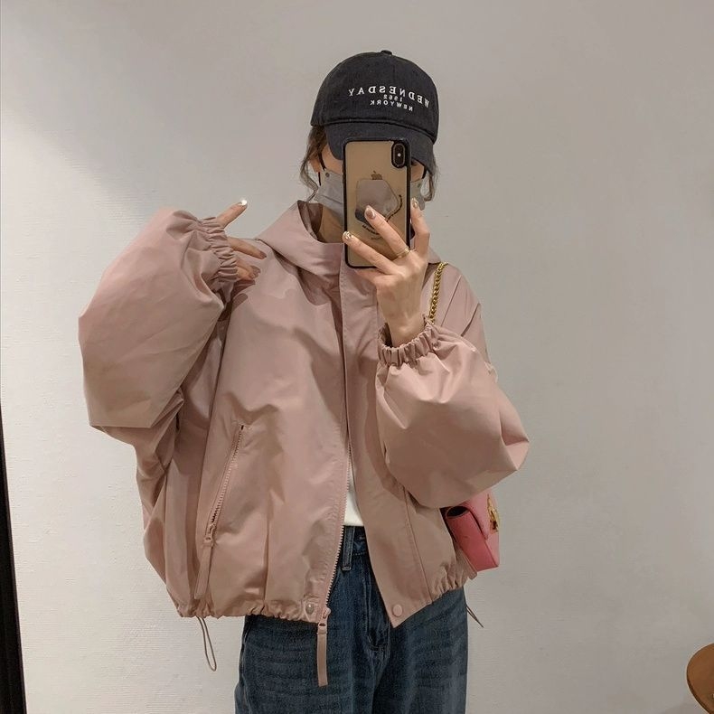 Sievietēm kapucēta chenille jaka ar spandexu 90-95%, īsa, brīva piegriezuma ar bat piedurknēm, pavasaris 2025