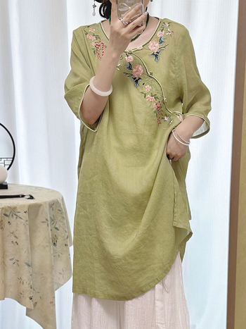 Unaprijeđena cheongsam haljina za proljeće-ljeto, kineski stil, pamuk-linen materijal, retro vezenje, Zen čaj inspirirana haljina, s rukavima 3/4, za žene