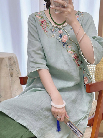 Unaprijeđena cheongsam haljina za proljeće-ljeto, kineski stil, pamuk-linen materijal, retro vezenje, Zen čaj inspirirana haljina, s rukavima 3/4, za žene
