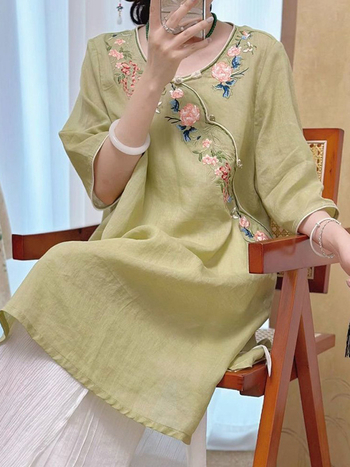 Unaprijeđena cheongsam haljina za proljeće-ljeto, kineski stil, pamuk-linen materijal, retro vezenje, Zen čaj inspirirana haljina, s rukavima 3/4, za žene