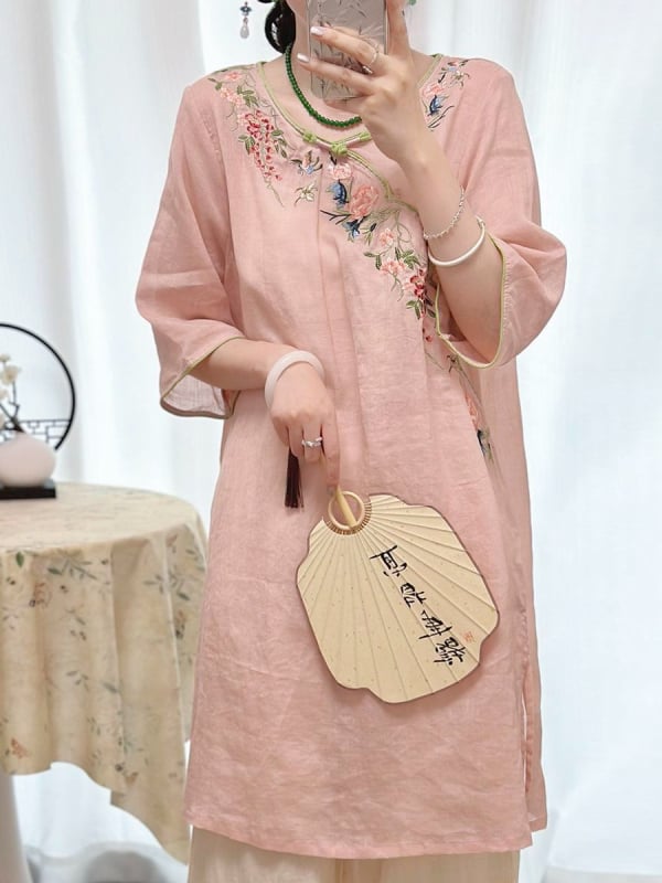 Unaprijeđena cheongsam haljina za proljeće-ljeto, kineski stil, pamuk-linen materijal, retro vezenje, Zen čaj inspirirana haljina, s rukavima 3/4, za žene