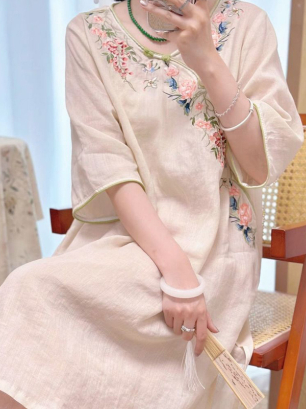 Unaprijeđena cheongsam haljina za proljeće-ljeto, kineski stil, pamuk-linen materijal, retro vezenje, Zen čaj inspirirana haljina, s rukavima 3/4, za žene
