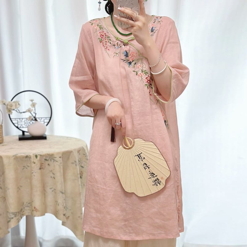 Unaprijeđena cheongsam haljina za proljeće-ljeto, kineski stil, pamuk-linen materijal, retro vezenje, Zen čaj inspirirana haljina, s rukavima 3/4, za žene