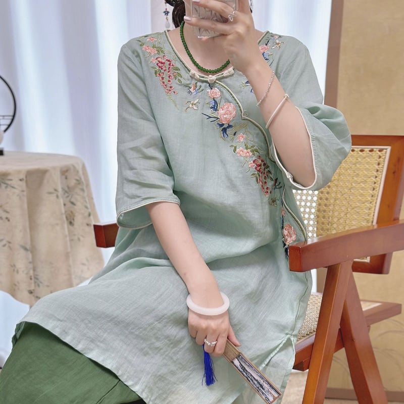 Unaprijeđena cheongsam haljina za proljeće-ljeto, kineski stil, pamuk-linen materijal, retro vezenje, Zen čaj inspirirana haljina, s rukavima 3/4, za žene