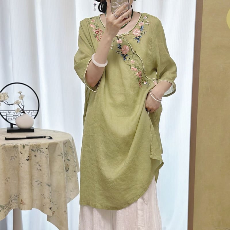 Unaprijeđena cheongsam haljina za proljeće-ljeto, kineski stil, pamuk-linen materijal, retro vezenje, Zen čaj inspirirana haljina, s rukavima 3/4, za žene