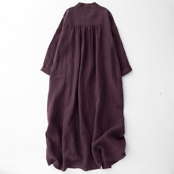 Rochie din bumbac și in, croială A-line, lungime midi, decolteu în V, deschidere frontală cu catarame, mâneci lungi