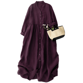 Rochie din bumbac și in, croială A-line, lungime midi, decolteu în V, deschidere frontală cu catarame, mâneci lungi